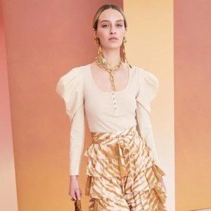 🆕ULLA JOHNSON Joanne Poplin Puff Sleeve Rib Knit Top Oatmeal Beige Large